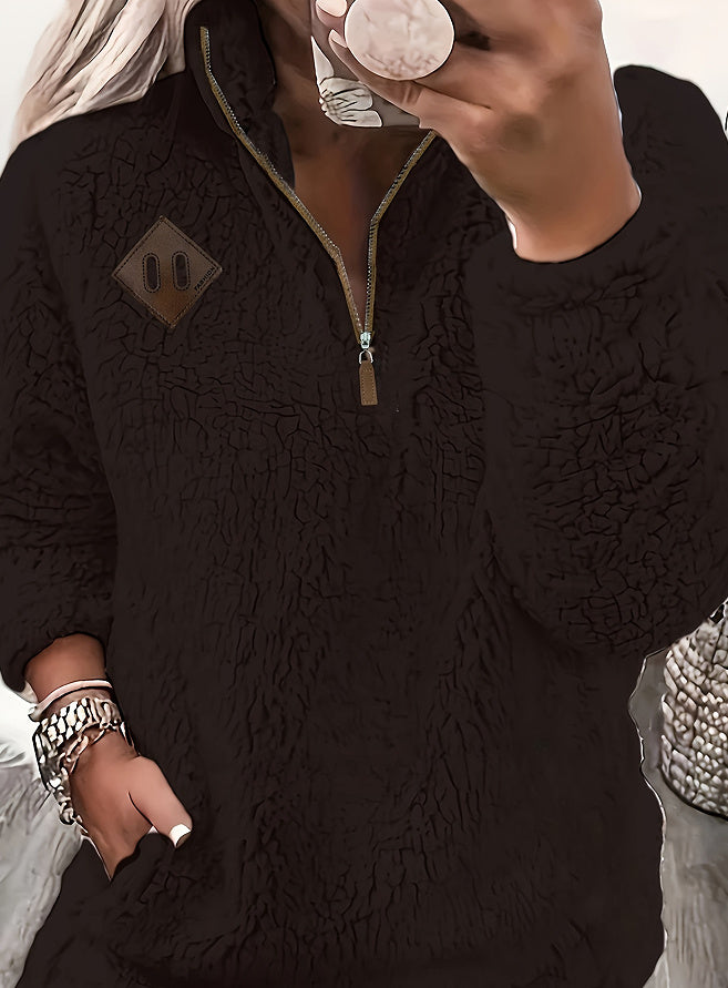 Solid Color Plush Half Zipper Pocket Pullover Sweater Top Women