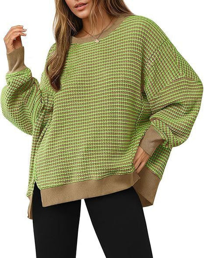 Waffle Knitted Long Sleeve Crew Neck Split Pullover Sweater