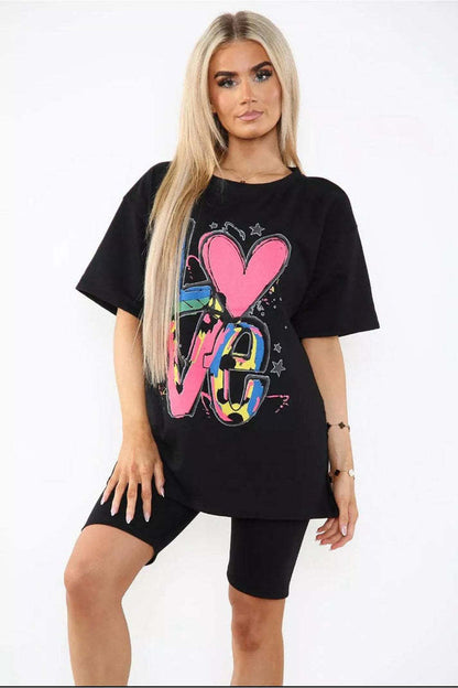 Love Side Slit Cycling Short And T-Shirts Co-Ord Two Piece Set With Front Love Slogan
