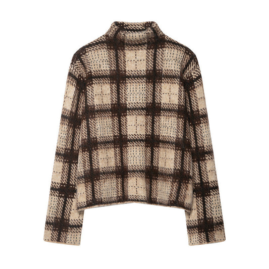 Women's Loose-fitting Sanding Plaid Sweater