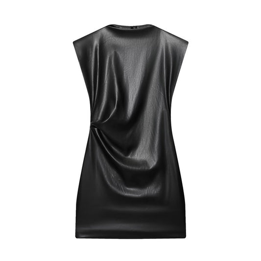 Women's Slim-fit Faux Leather Padded Shoulder Short Dress