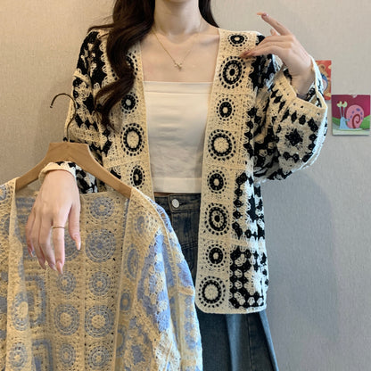 High-grade Crocheted Hollow-out Design Long-sleeved Knitted Cardigan