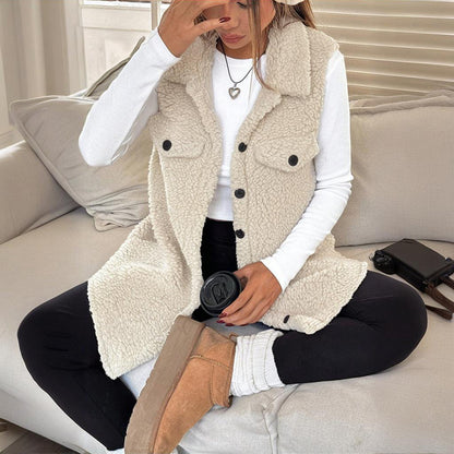 Women's Wool-Like Sleeveless Vest With Lapel, Solid Color Mid-Length Button Up Waistcoat For Layering, Casual & Formal Outfits