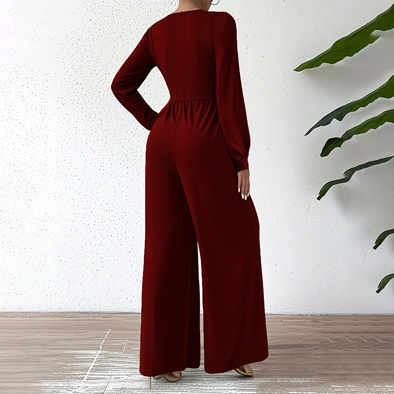 Women's Elegant Jumpsuit With Cross V-Neck & Long Sleeve Solid Color Belted Wide Leg Pantsuit For Office And Formal