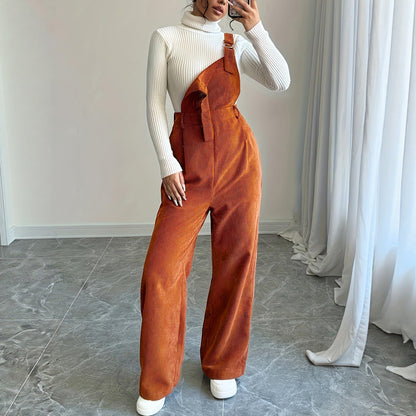 Corduroy Loose Straight Bib Pants Women