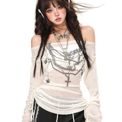 Girl Style Floral-print Off-shoulder Long Sleeve