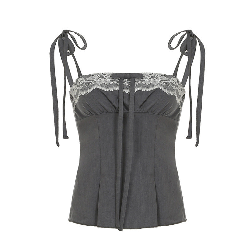 Girly Style Lace With Bow Splicing Sling Sweet Contrast Color