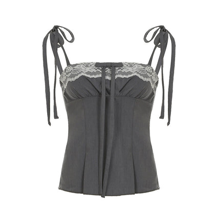 Girly Style Lace With Bow Splicing Sling Sweet Contrast Color