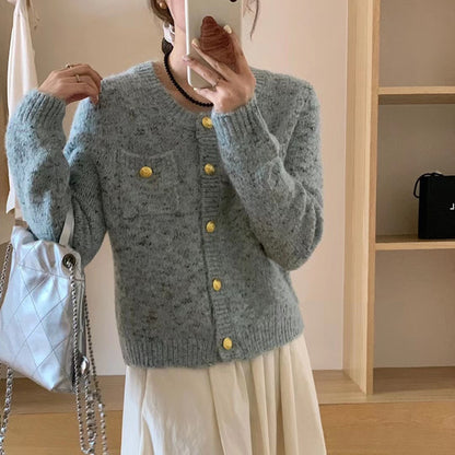 Short Variegated Round Neck Sweater Coat
