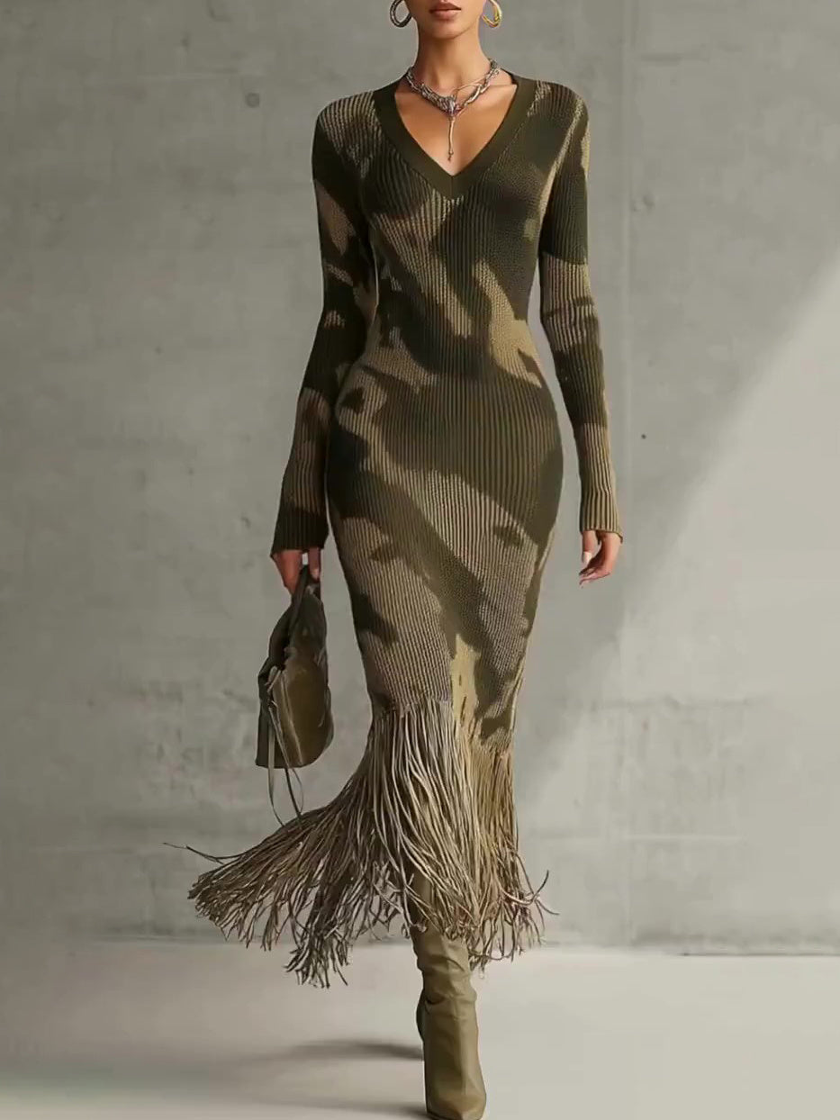 Camouflage Print Knit Midi Dress With Fringe Hem And V-Neck