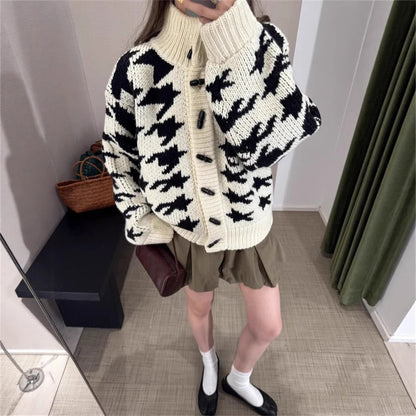 Stand-up Collar Jacquard Horn Button Sweater Coat