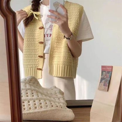 College Style Knitted Cardigan Vest Solid Color Wooden Buckle Bandage Dress