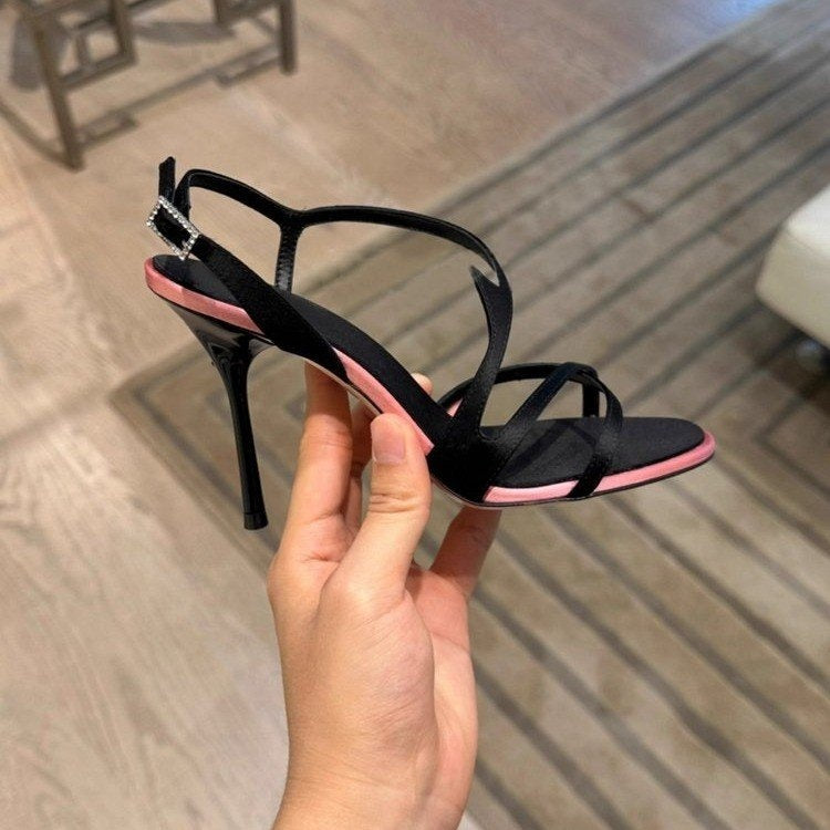 Chuyuji Black Stiletto High Heels 2026 New Summer Open Toe One Strap Satin Color Block Elegant Dating Sandals