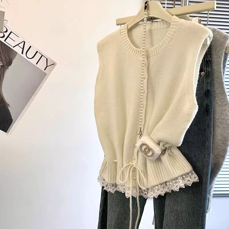 Lace Edge Stitching Soft Glutinous Lace-up Waist-tight Short Temperament Vest