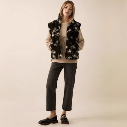 Fashion Polo Collar Flower Print Lamb Wool Vest