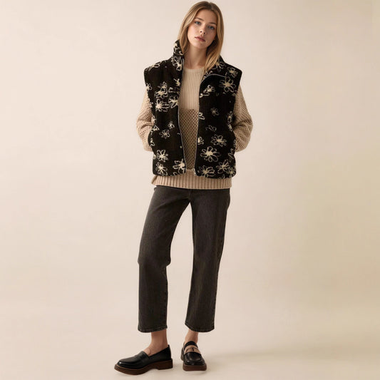 Fashion Polo Collar Flower Print Lamb Wool Vest