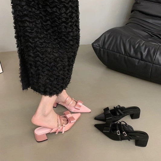 French Elegant Closed Toe Mule Slippers Outdoor Wear, 2026 Summer New Fairy Style Bow Block Heel Loafers Women Shoes