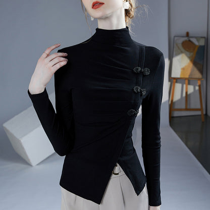 Autumn New Retro Frog Long Sleeve Small Shirt Temperament Split Pleated Inner Wear Outer Wear Women's Top