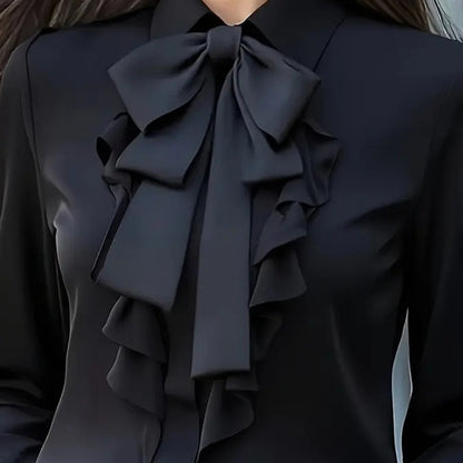 Women's Elegant Ruffle Trim Blouse With Black Bow Tie, Long Sleeve Office Shirt For Spring & Fall