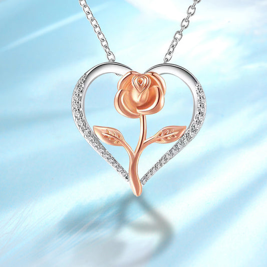 S925 Heart-Shaped Rose Necklace – European & American Style