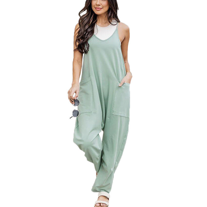 Fashion Big Pocket Solid Color Loose Suspender Overalls Women