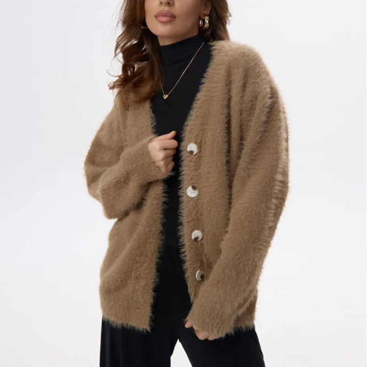 Loose Long Sleeve V-neck Sweater Coat Women