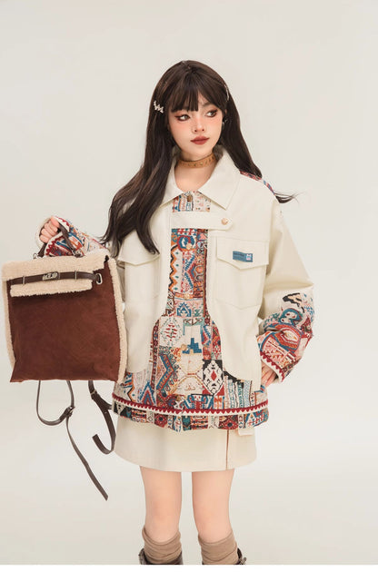 Jacquard Splicing Motorcycle PU Leather Jacket