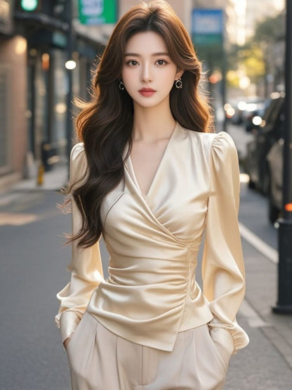 Design Satin Long Sleeve Underwear Blouse Women's V-neck Top