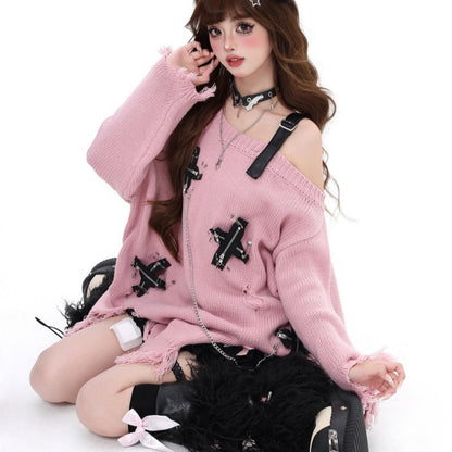 Hot Girl Ripped Tassel Off-the-shoulder Sweater For Women Autumn And Winter Loose
