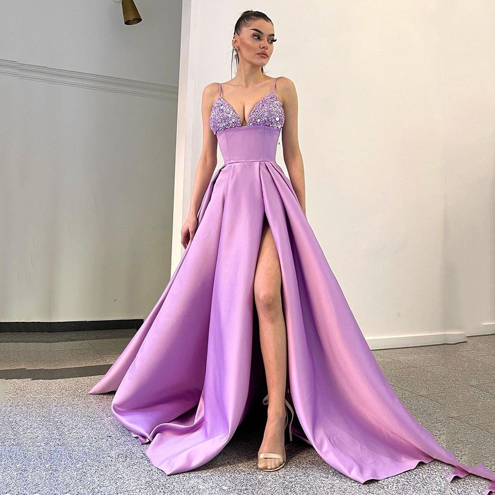 European And American Women's Clothing Dress Deep V Sequined Sexy Slit