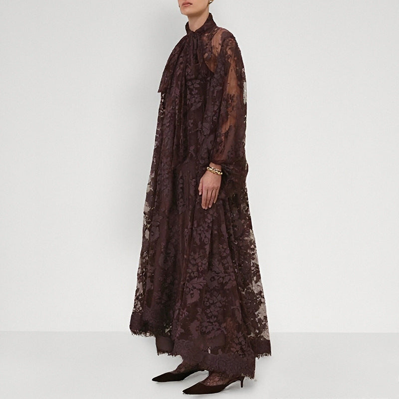 Hollow Jacquard Sling Lace See-through Loose Ribbon Elegant Dress