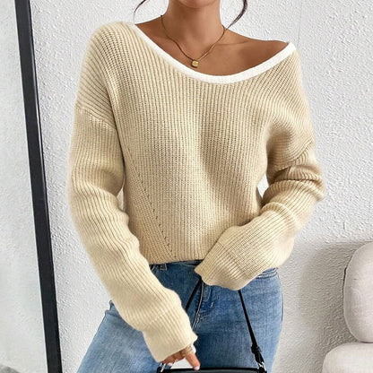 Women's Bow Sweater Long Sleeve Top, Open Back Crew Neck Split Pullover, Fall Trendy Going Out Sweater
