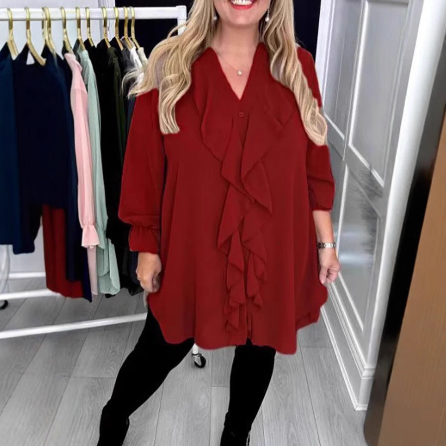 Women's Solid Color Loose Lotus Leaf V-neck Long Sleeve Shirt