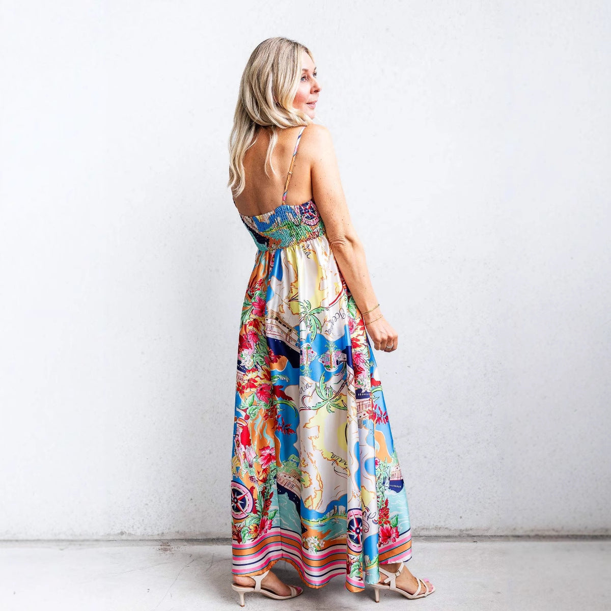 Women's High Waist Print Vacation Style Large Swing Suspender Dress