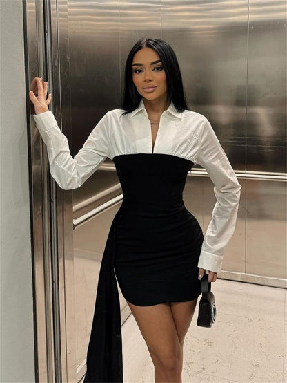 Women's Color Contrast Patchwork Lapel Dress