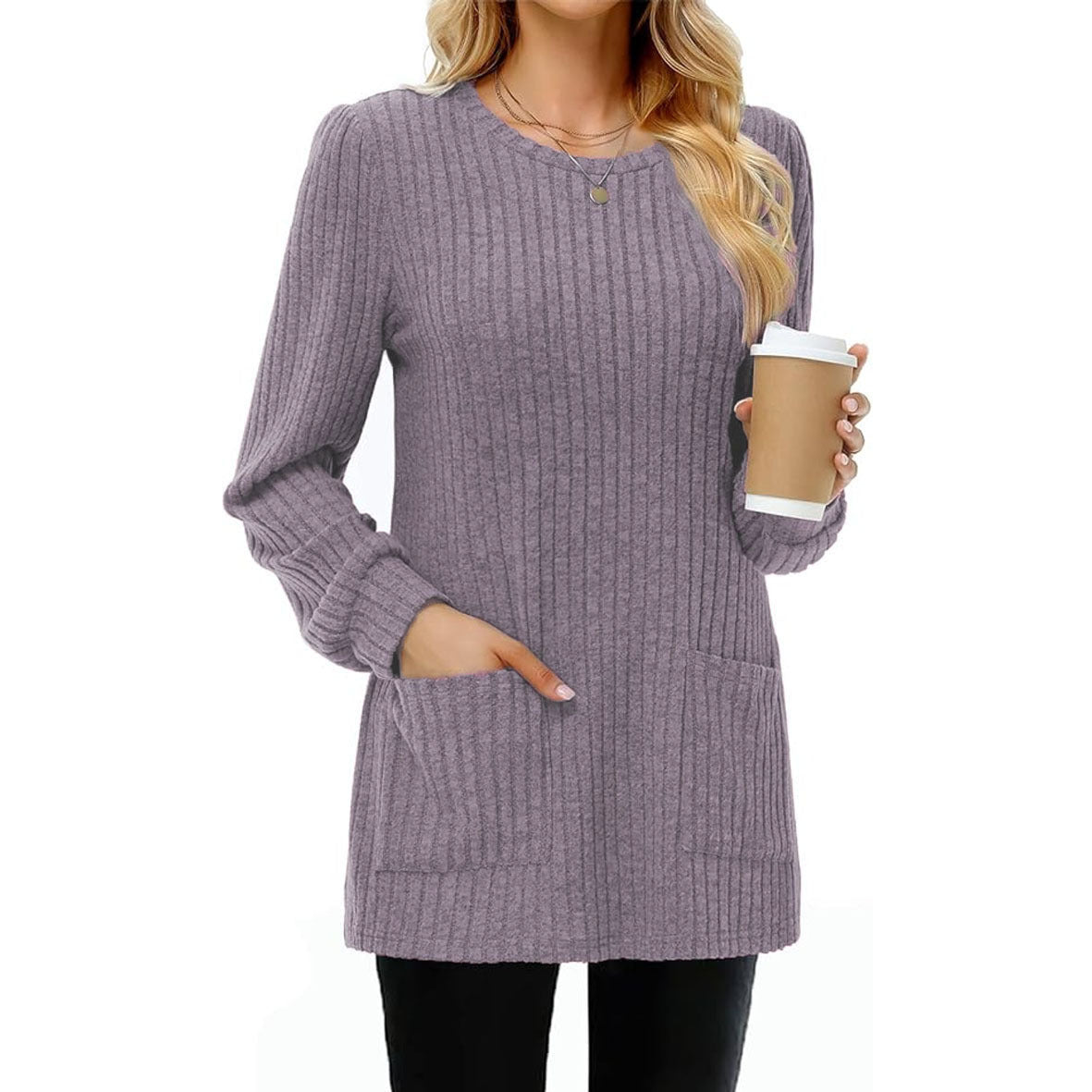 Mid-length Sweater Round Neck Sunken Stripe Solid Color Pocket Top