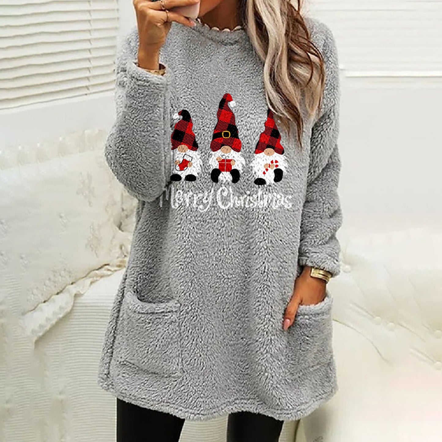 Christmas Letter Printing Round Neck Loose Long Sleeves Pocket Fleece Sweatshirt