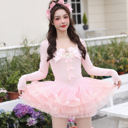Elegant Ballet Style Princess Bowknot Pearl Heart Slimming Short Top