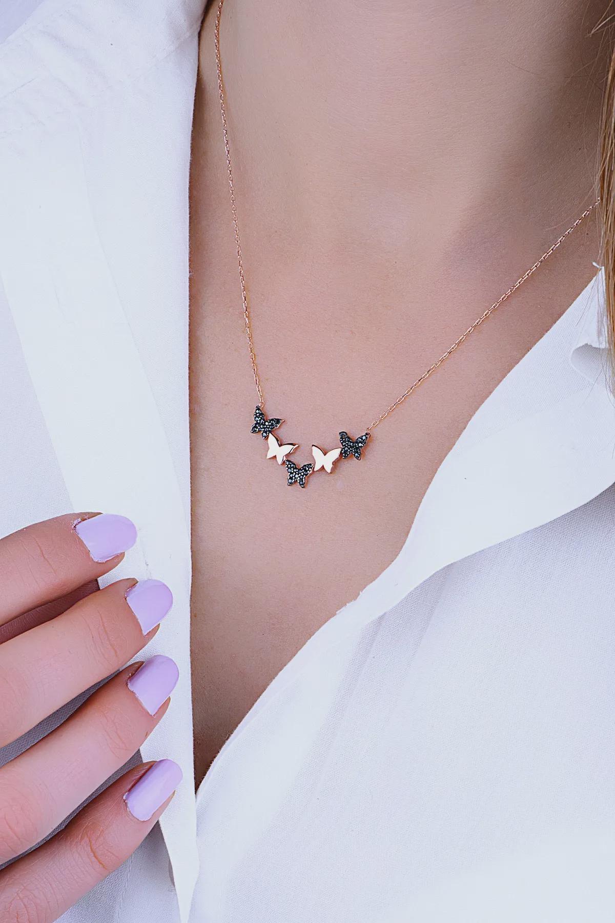 Rose Gold Butterfly Necklace with Black Stone Pendant