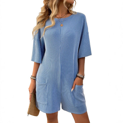 Women's Loose Pockets Back V-neck Short-sleeved Jumpsuit