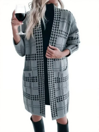 Women's Houndstooth Knitted Long Knitted Jacket