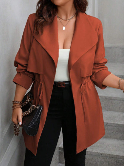 Drawstring Large Lapel Mid-length Trench Coat