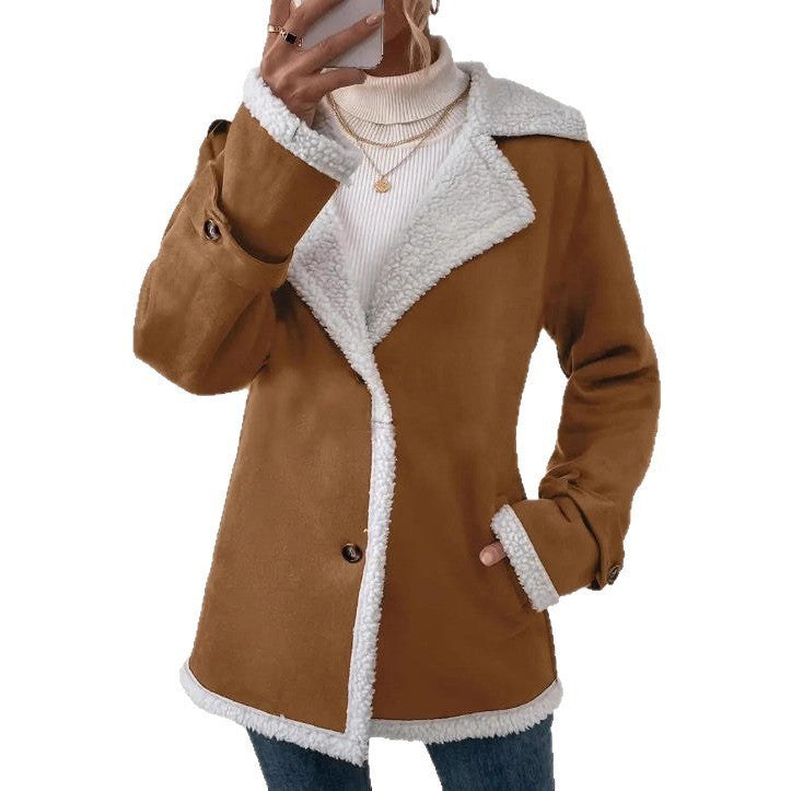 New Women's Suede Lapel Mid-length Woolen Casual Warm Jacket