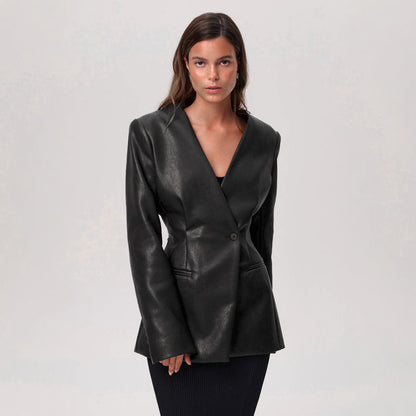 Fashionable Elegant Green V-neck Slim Suit Leather Coat