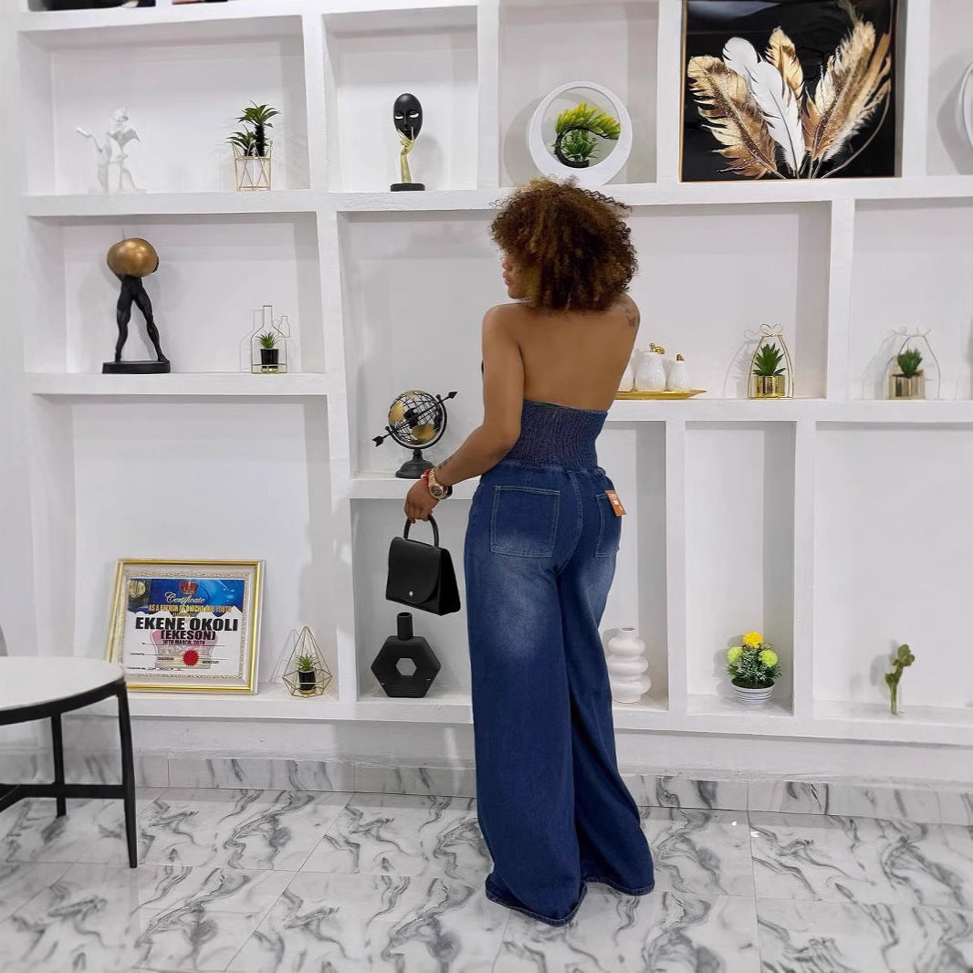 Women's Casual Single-breasted Backless Denim Jumpsuit