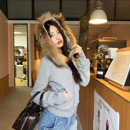 Vintage Gray Fleece Lined Warm Hooded Cardigan Top