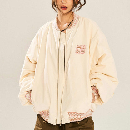 Ethnic Jacquard Stitching Thick Quilted Couple Baseball Uniform Jacket