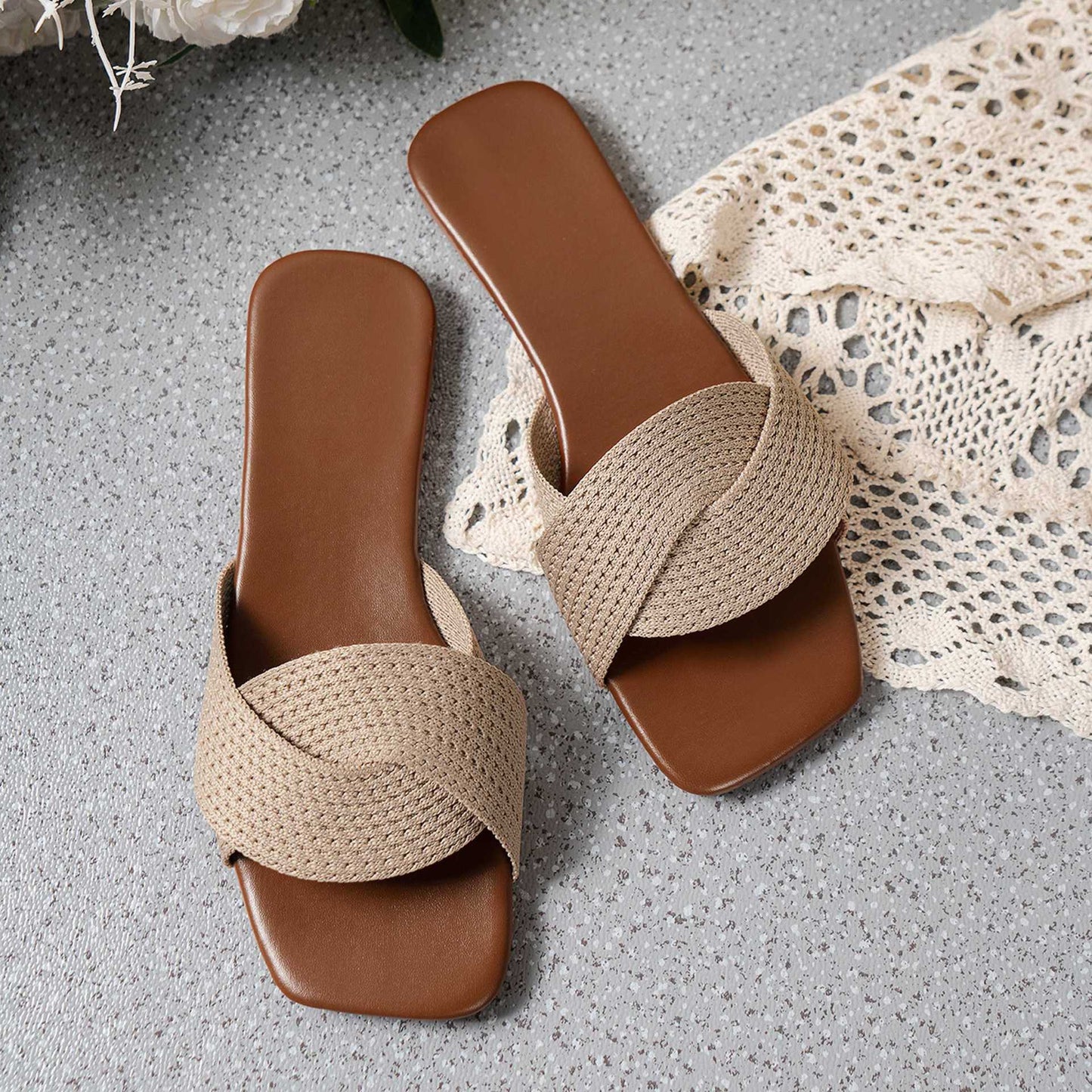 Summer Cross-Strap Square-Toe Flat-Heel Beach Slippers For Women