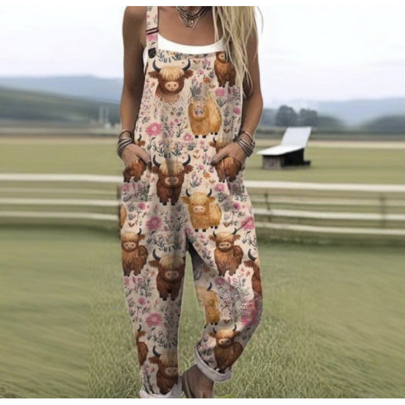Women's Summer Digital Printing Button Casual Suspender Trousers