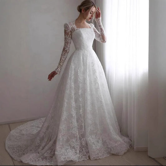 Embroidered Long Sleeve Trailing Wedding Dress